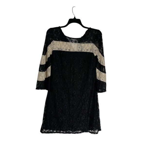 Gabby Skye Women's Striped Lace Shift Dress Size 12 Black Beige 3/4 Bell Sleeves - Picture 2 of 7